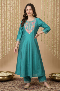 Teal Thread Embroidered Yarn Dyed A-line Kurta with Trousers Set
