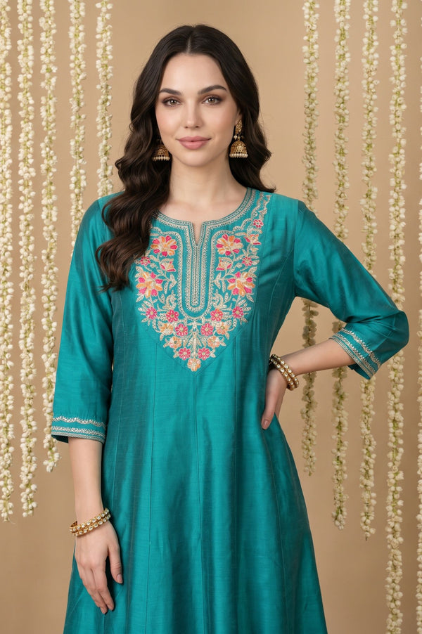 Teal Thread Embroidered Yarn Dyed A-line Kurta with Trousers Set