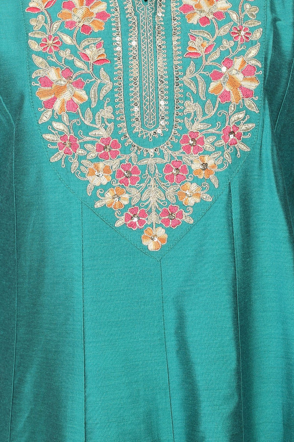 Teal Thread Embroidered Yarn Dyed A-line Kurta with Trousers Set