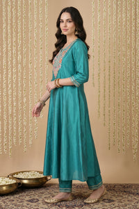 Teal Thread Embroidered Yarn Dyed A-line Kurta with Trousers Set