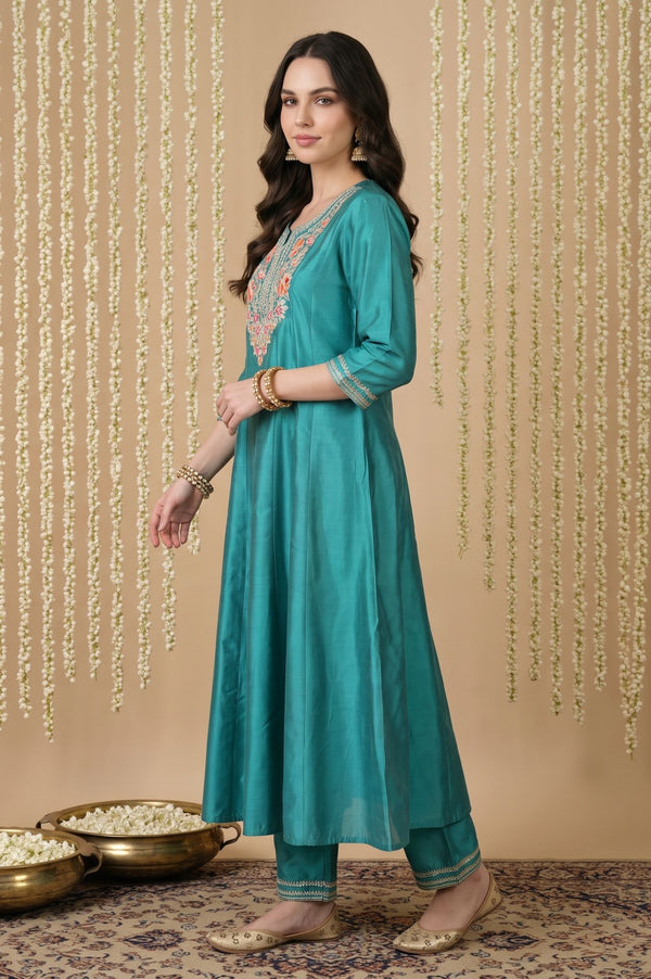 Teal Thread Embroidered Yarn Dyed A-line Kurta with Trousers Set