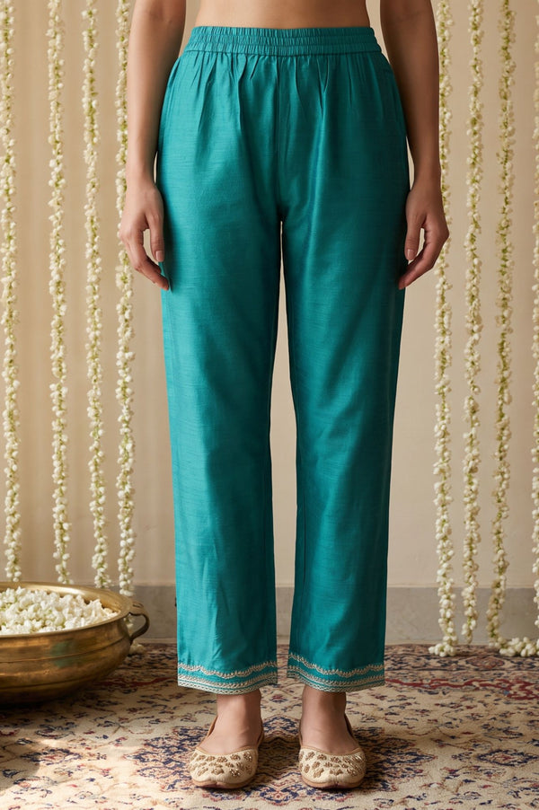 Teal Thread Embroidered Yarn Dyed A-line Kurta with Trousers Set