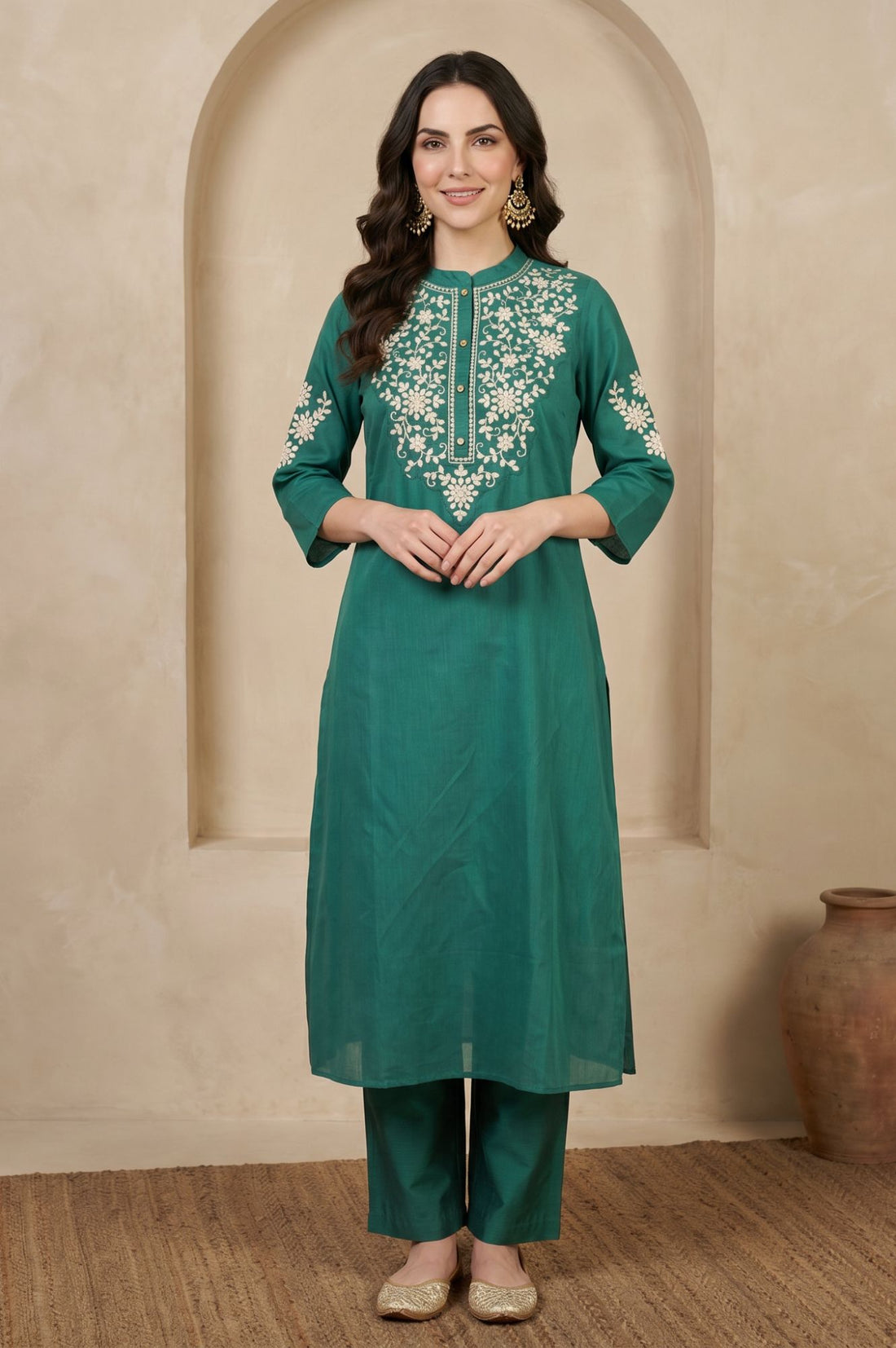 Teal Embroidered Straight Kurta with Pant Co-ord Set