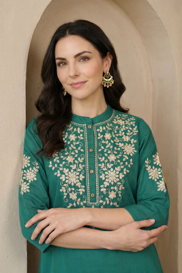 Teal Embroidered Straight Kurta with Pant Co-ord Set