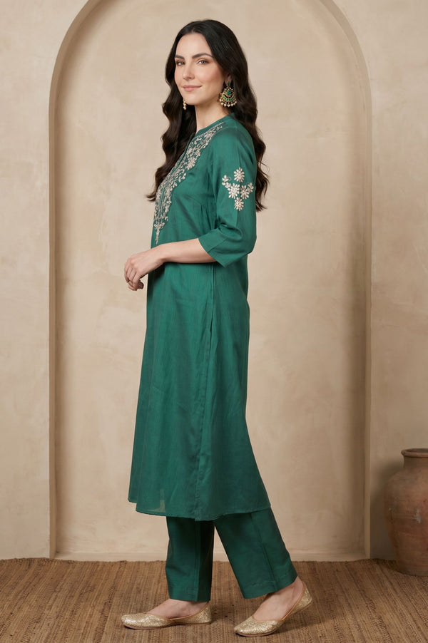 Teal Embroidered Straight Kurta with Pant Co-ord Set