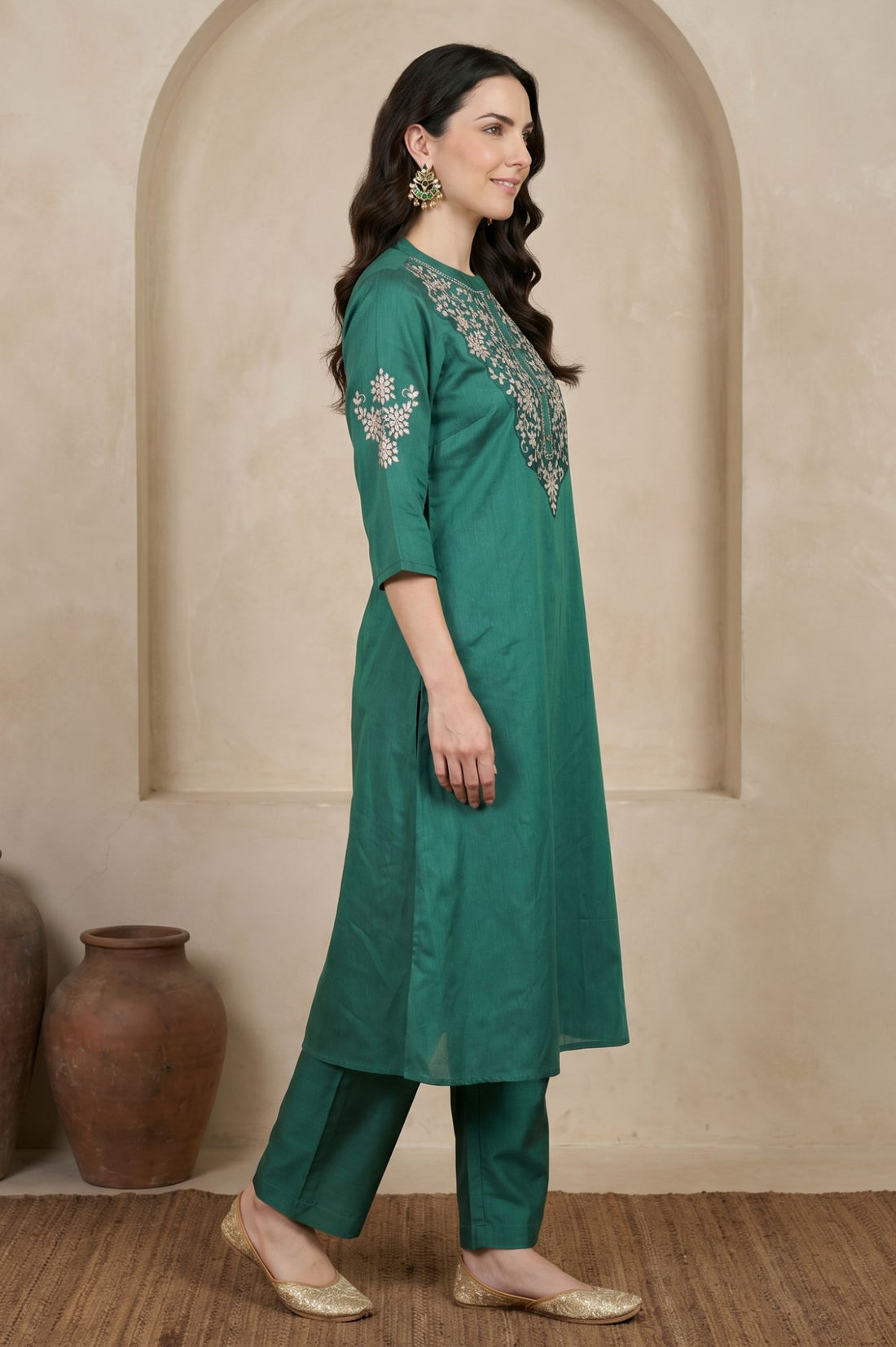 Teal Embroidered Straight Kurta with Pant Co-ord Set