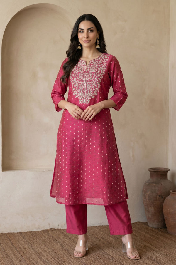 Pink Zari Embroidered Straight Kurta with Pant Co-ord Set