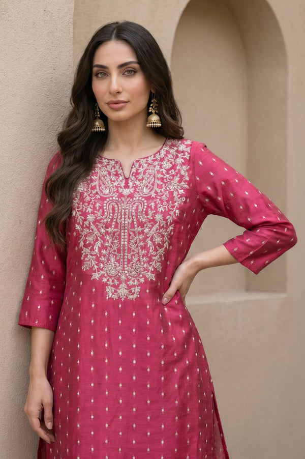 Pink Zari Embroidered Straight Kurta with Pant Co-ord Set