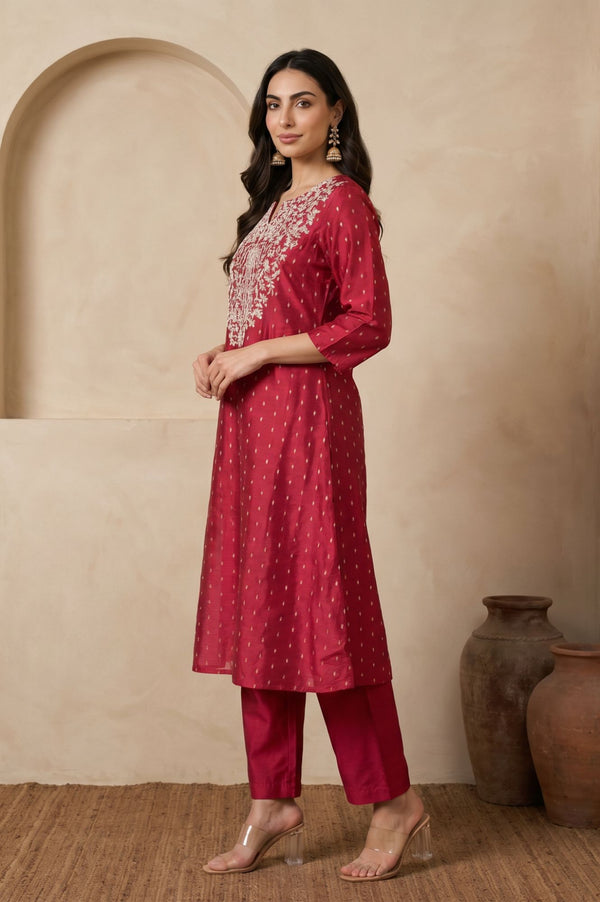 Pink Zari Embroidered Straight Kurta with Pant Co-ord Set