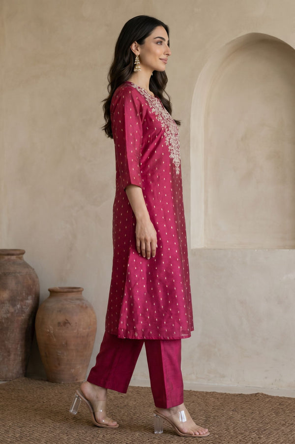 Pink Zari Embroidered Straight Kurta with Pant Co-ord Set