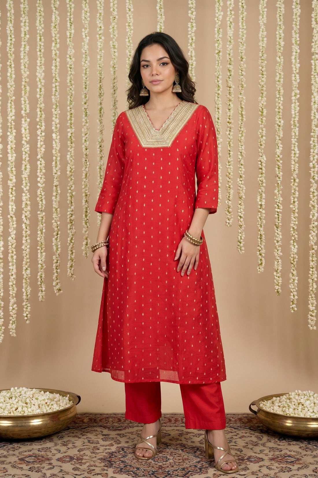 Red Zari Embroidered Yarn Dyed Chanderi Straight Kurta With Pant Set