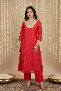 Red Zari Embroidered Yarn Dyed Chanderi Straight Kurta With Pant Set