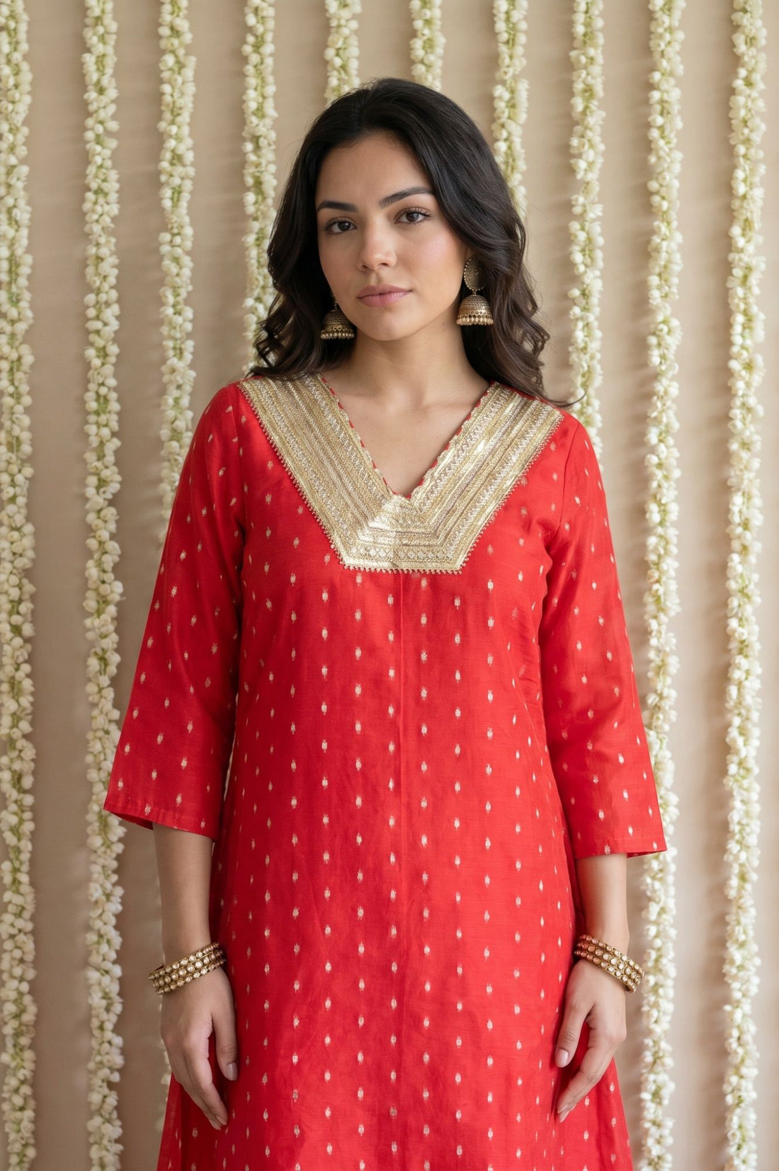 Red Zari Embroidered Yarn Dyed Chanderi Straight Kurta With Pant Set
