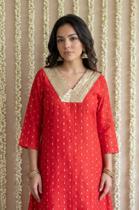 Red Zari Embroidered Yarn Dyed Chanderi Straight Kurta With Pant Set