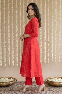 Red Zari Embroidered Yarn Dyed Chanderi Straight Kurta With Pant Set