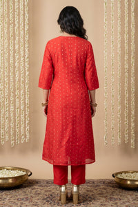 Red Zari Embroidered Yarn Dyed Chanderi Straight Kurta With Pant Set
