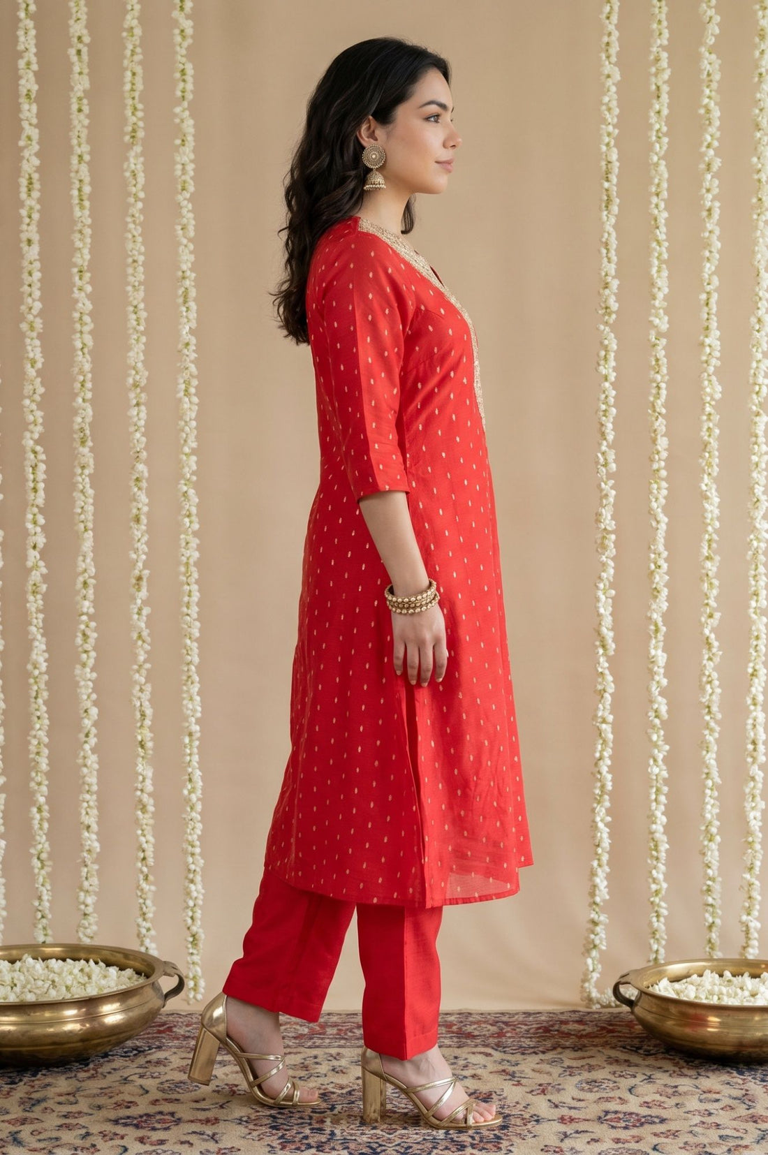 Red Zari Embroidered Yarn Dyed Chanderi Straight Kurta With Pant Set