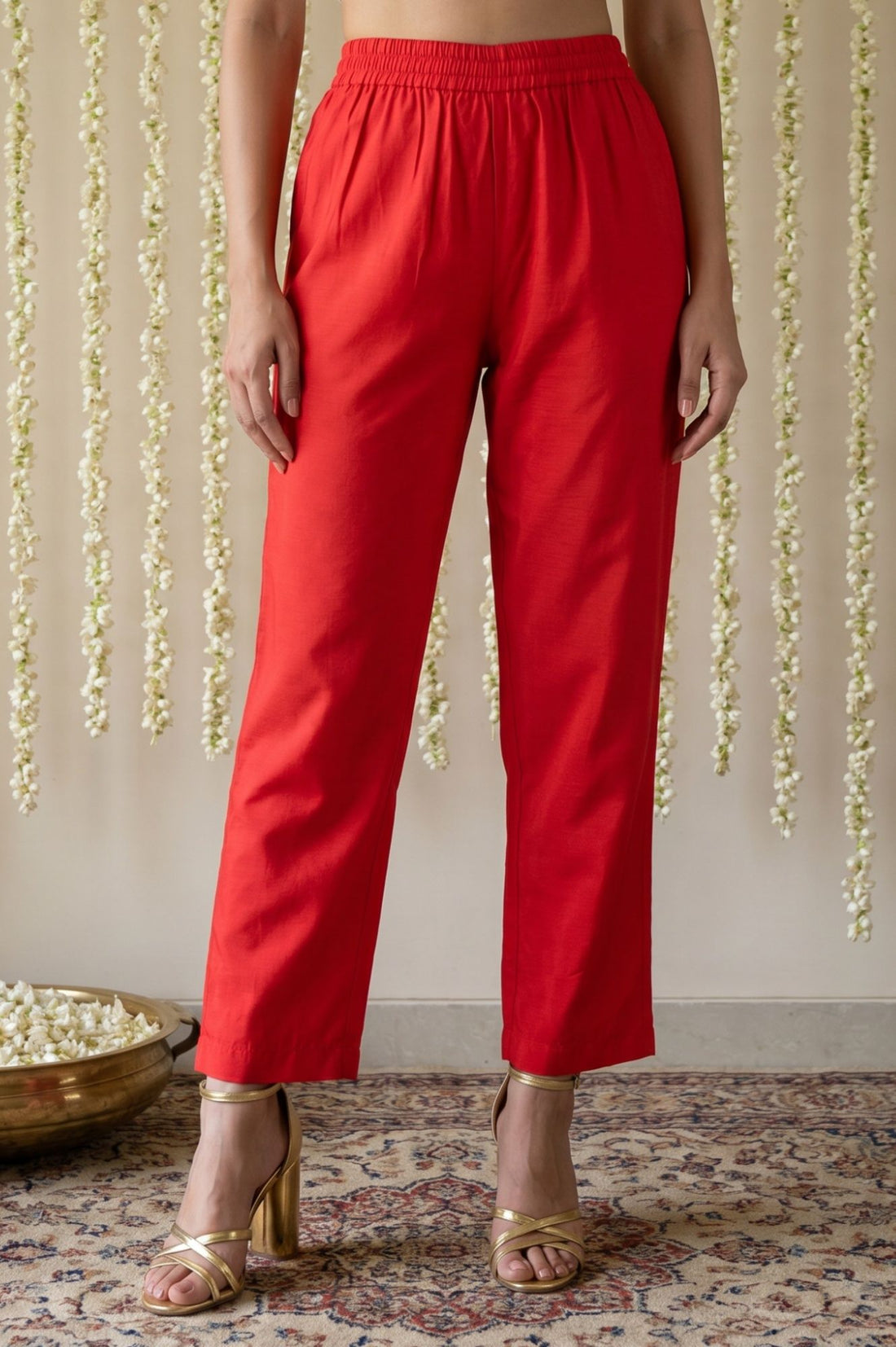 Red Zari Embroidered Yarn Dyed Chanderi Straight Kurta With Pant Set