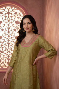 Green Yarn Dyed Chanderi Straight Kurta with Trousers Set