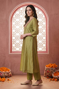 Green Yarn Dyed Chanderi Straight Kurta with Trousers Set