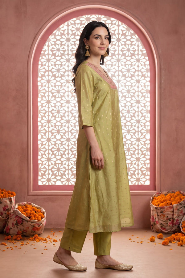 Green Yarn Dyed Chanderi Straight Kurta with Trousers Set