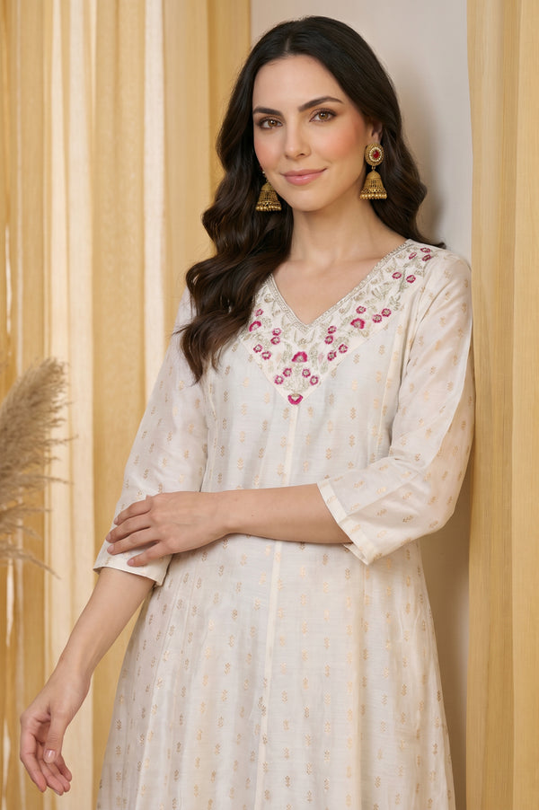 Off White Embroidered Chanderi Flared Kurta with Pants Set