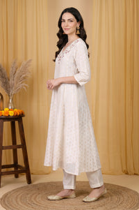 Off White Embroidered Chanderi Flared Kurta with Pants Set
