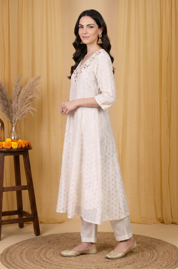 Off White Embroidered Chanderi Flared Kurta with Pants Set