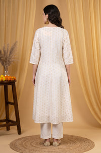 Off White Embroidered Chanderi Flared Kurta with Pants Set