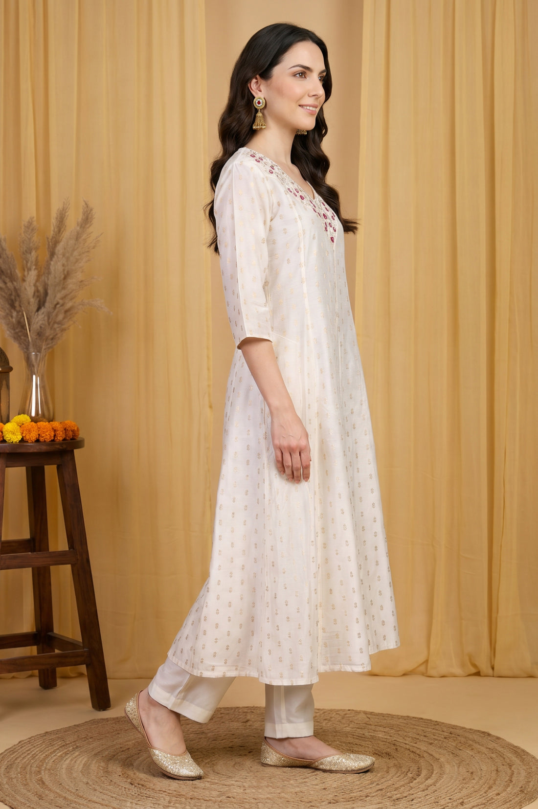 Off White Embroidered Chanderi Flared Kurta with Pants Set