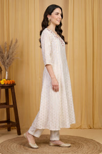 Off White Embroidered Chanderi Flared Kurta with Pants Set