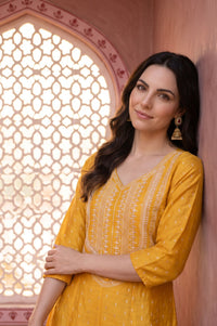 Yellow Sequins Thread Embroidered Yarn Dyed Chanderi A-line Kurta with Trousers Set