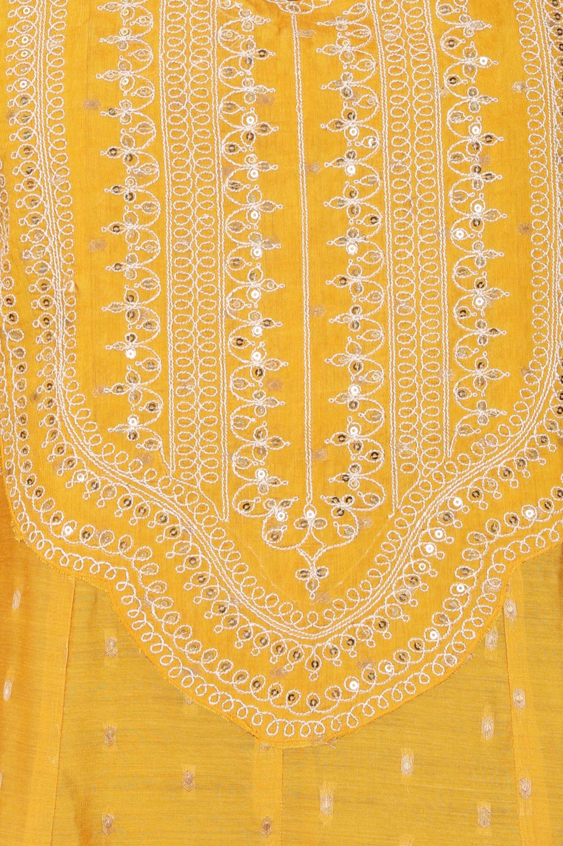 Yellow Sequins Thread Embroidered Yarn Dyed Chanderi A-line Kurta with Trousers Set