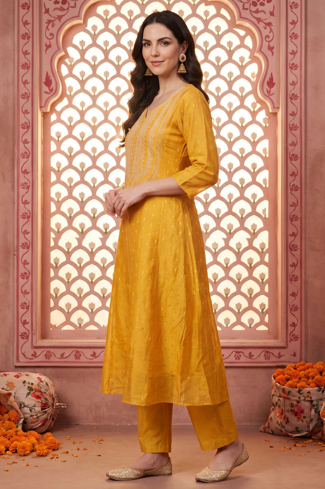 Yellow Sequins Thread Embroidered Yarn Dyed Chanderi A-line Kurta with Trousers Set