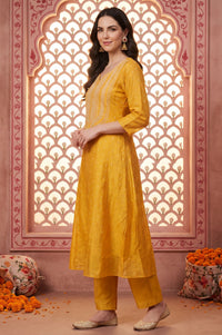 Yellow Sequins Thread Embroidered Yarn Dyed Chanderi A-line Kurta with Trousers Set