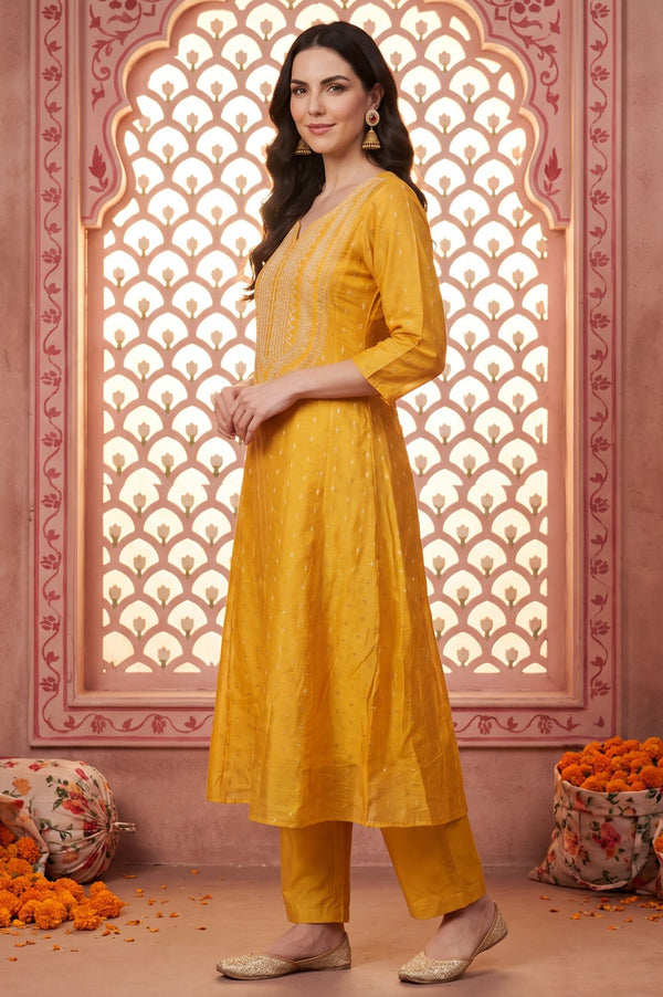 Yellow Sequins Thread Embroidered Yarn Dyed Chanderi A-line Kurta with Trousers Set