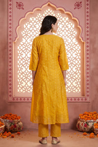 Yellow Sequins Thread Embroidered Yarn Dyed Chanderi A-line Kurta with Trousers Set