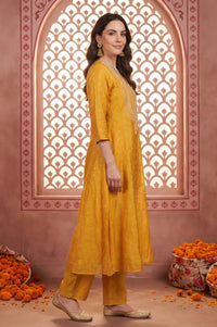 Yellow Sequins Thread Embroidered Yarn Dyed Chanderi A-line Kurta with Trousers Set