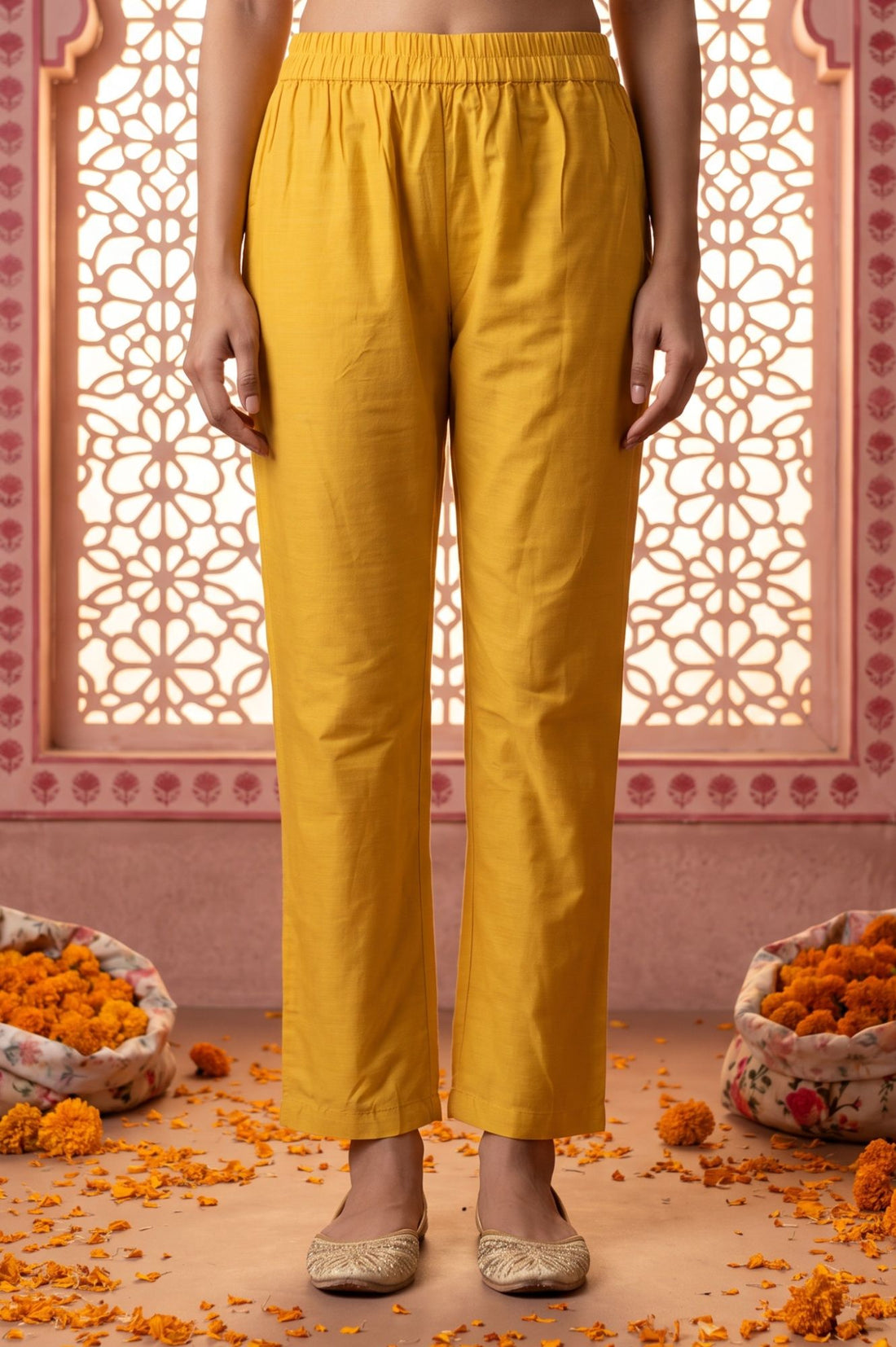Yellow Sequins Thread Embroidered Yarn Dyed Chanderi A-line Kurta with Trousers Set