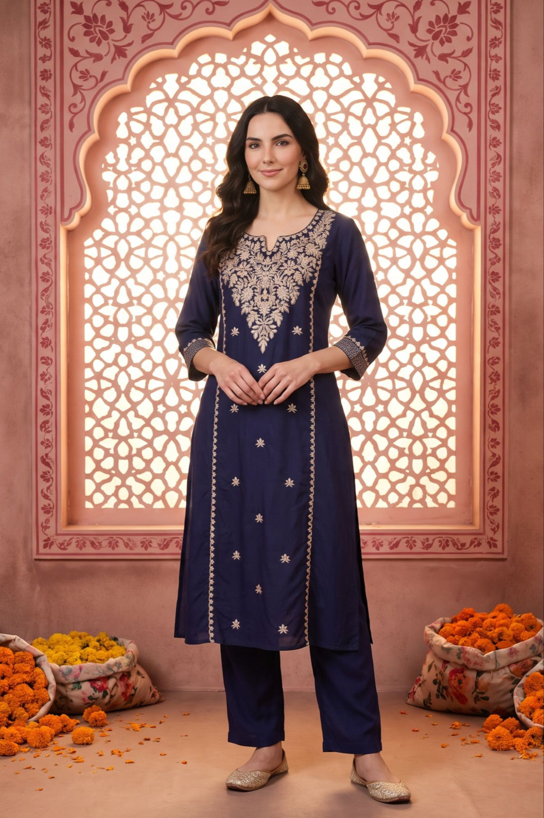Navy Blue Thread Embroidered Rayon Straight Kurta with Trousers Set