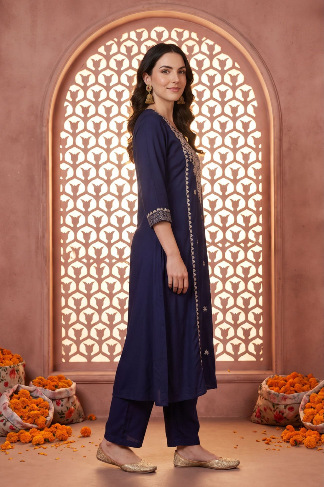 Navy Blue Thread Embroidered Rayon Straight Kurta with Trousers Set