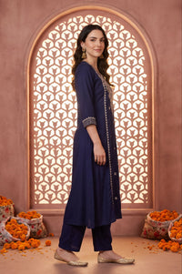Navy Blue Thread Embroidered Rayon Straight Kurta with Trousers Set