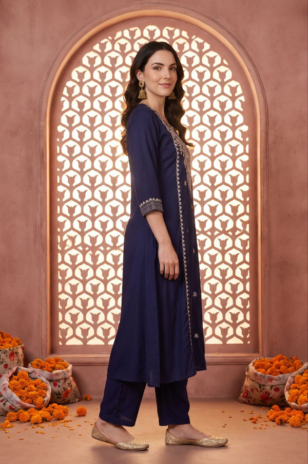 Navy Blue Thread Embroidered Rayon Straight Kurta with Trousers Set