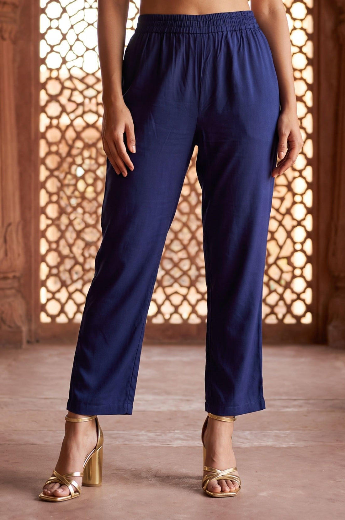 Navy Blue Thread Embroidered Rayon Straight Kurta with Trousers Set
