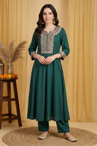 Green Thread Embroidered Rayon Flared Kurta with Pants Set