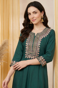 Green Thread Embroidered Rayon Flared Kurta with Pants Set