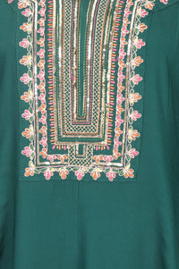 Green Thread Embroidered Rayon Flared Kurta with Pants Set