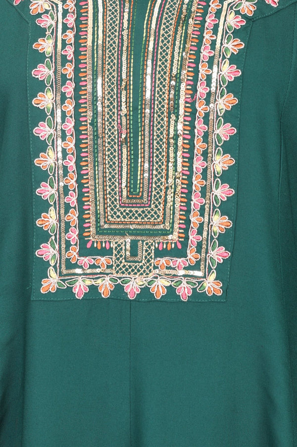 Green Thread Embroidered Rayon Flared Kurta with Pants Set