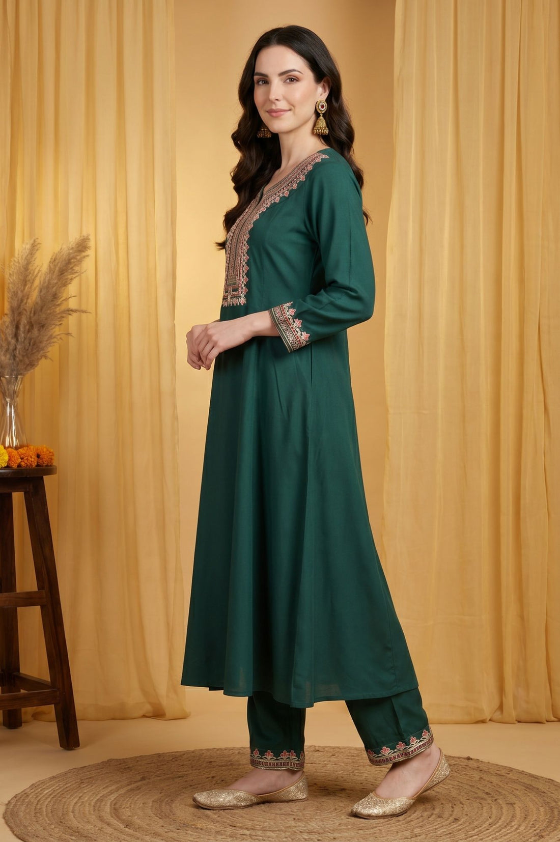 Green Thread Embroidered Rayon Flared Kurta with Pants Set