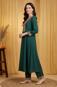 Green Thread Embroidered Rayon Flared Kurta with Pants Set